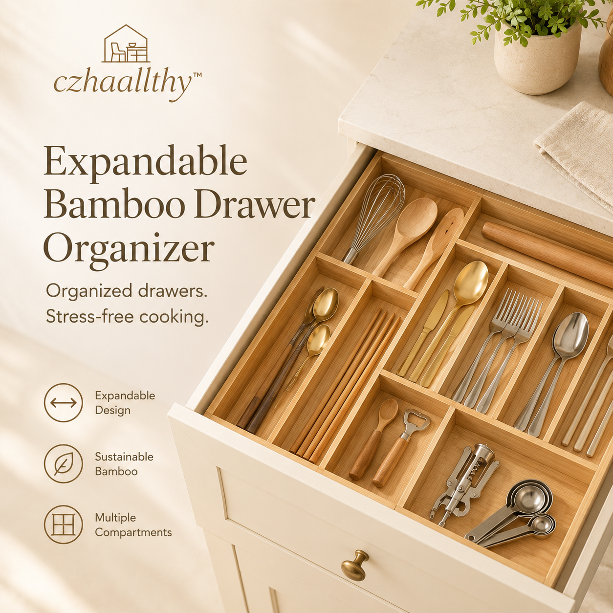 czhaallthy™ Bamboo Expandable Drawer Organizer