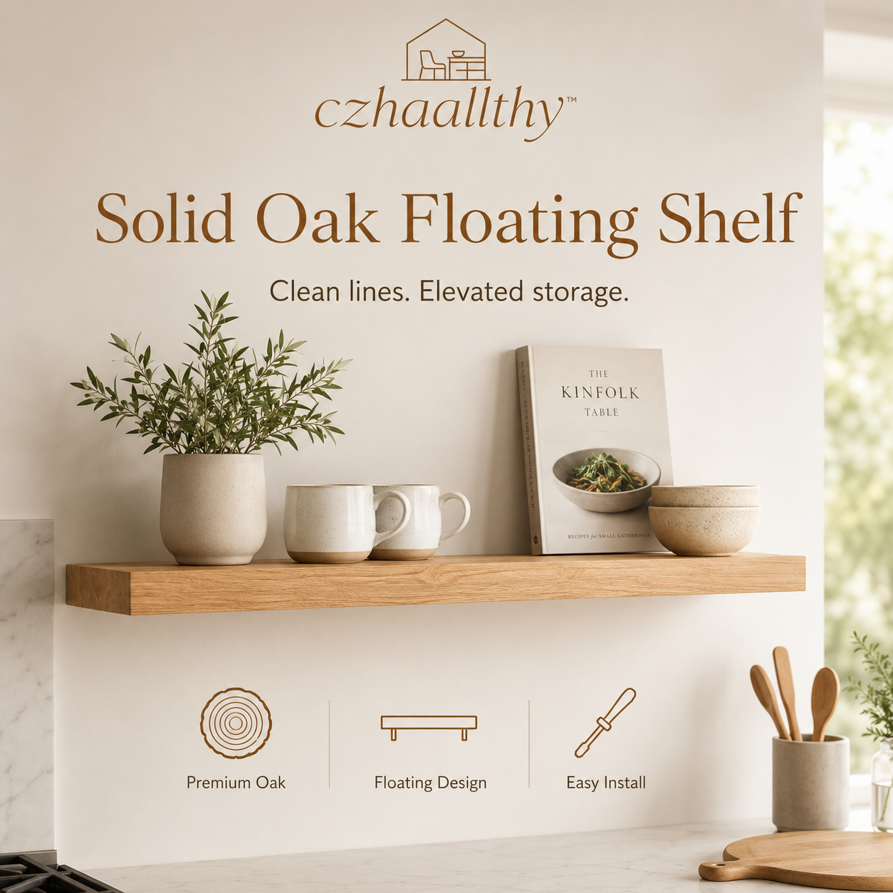 czhaallthy™ Oak Floating Kitchen Shelf