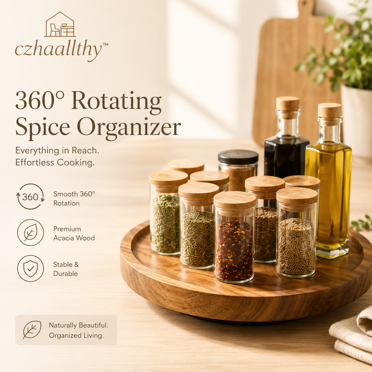 czhaallthy™ Acacia Wood Rotating Spice Organizer